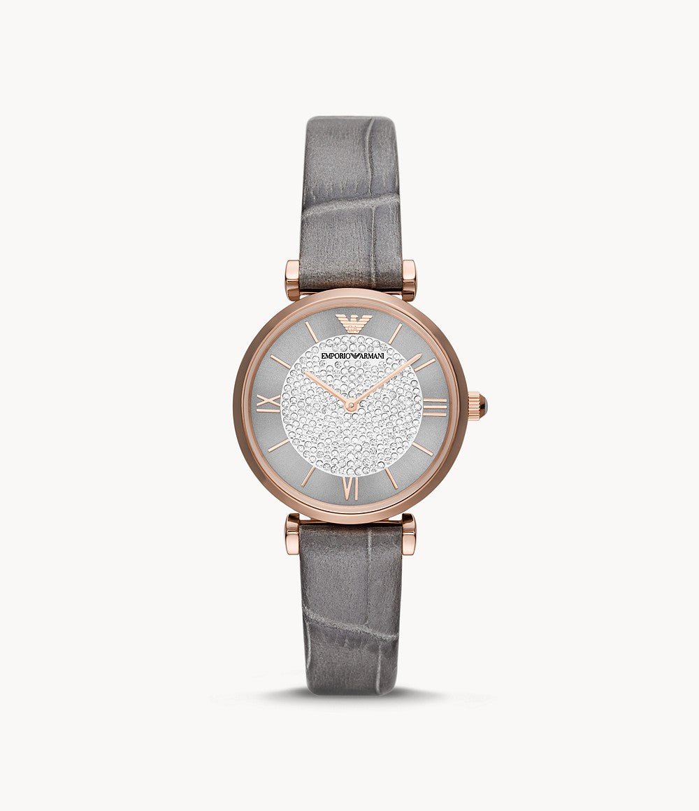 EMPORIO ARMANI GREY LEATHER STRAP DRESS WATCH