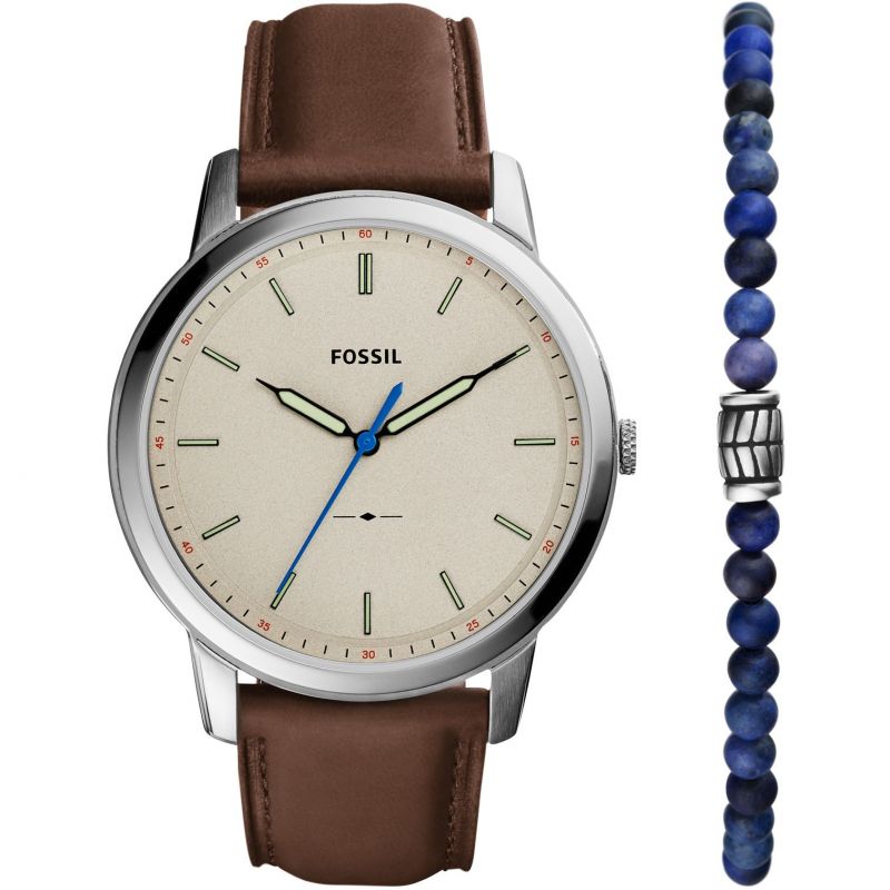 Gents Leather Band Watch And Bead Bracelet Gift Set