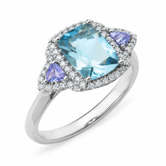 9Ct White Gold Diamond, Aquarmarine, Tanzanite Dress Ring